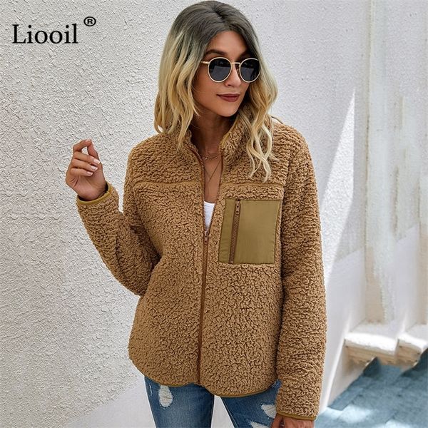 

fleece fur coats and jackets women fluffy outwear zip up turn-down collar with pockets black ladies winter warm clothes 201210, Black;brown