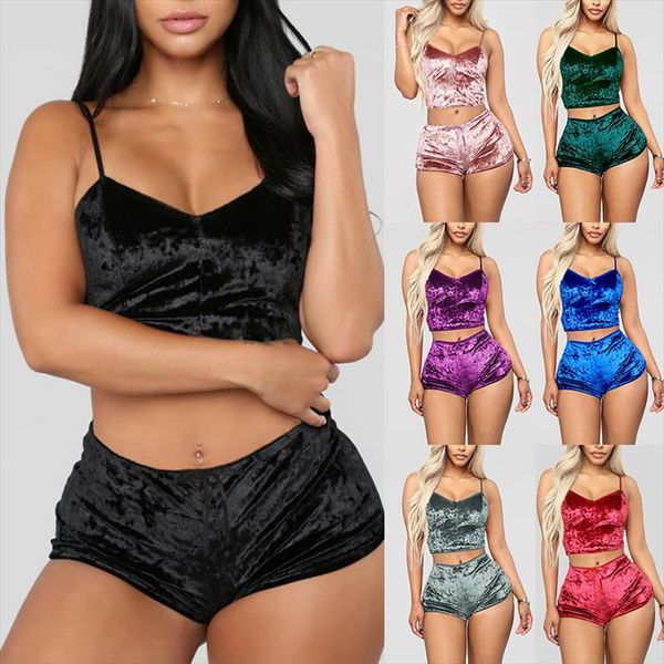 

womens velvet 2 piece outfit spaghetti strap sleeveless crop shorts set beach suit party clothes, Gray