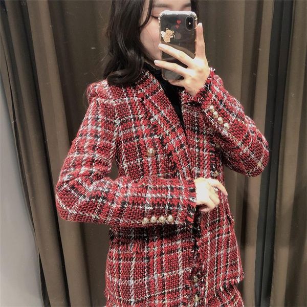 

zxqj women fashion double breasted houndstooth tweed blazers coat vintage long sleeve frayed trim female outerwear chic, White;black