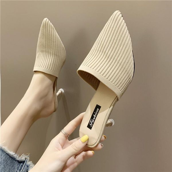 

new temperament wild pointed knitting baotou high-heeled sandals and slippers fashion comfortable female slippers, Black
