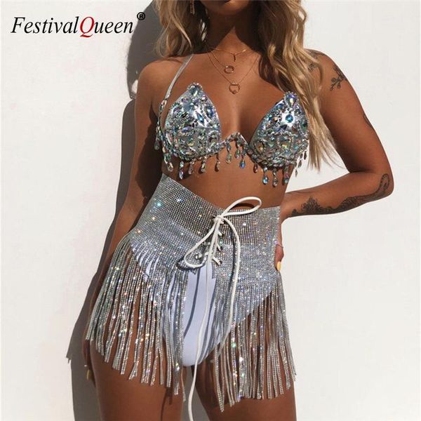 

shiny gems rhinestones 3 piece set women halter fringes bra thong panty bandage skirt set summer beach party club outfits1, Gray