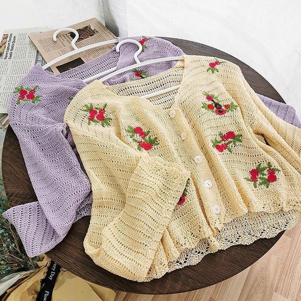 

embroideried flowers sweaters cardigans women knitted thin crop vintage sweater shirts for female autumn summer viscose 2021, White;black