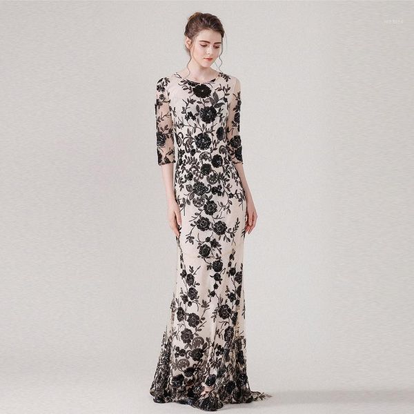 

new vintage sequined long dress spring and summer women three quarter sleeve mesh embroidered trumpet/mermaid dress1, Black;gray