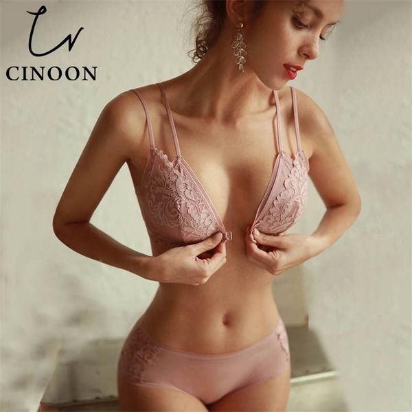 

cinoon french lace front closure bra and panties set women lingerie set wire bralette embroidery underwear brassiere y200708, Red;black