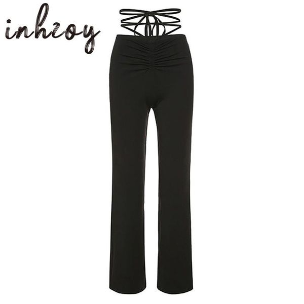 

women's pants & capris women strappy bandage straight-leg ladies fashion casual solid color front ruched thin trousers party clubwear s, Black;white