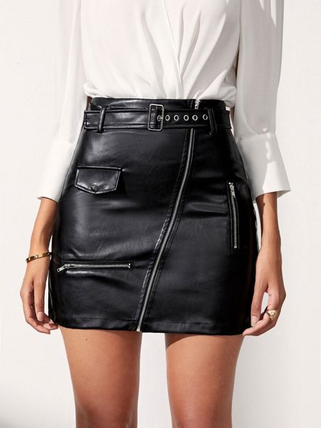 

zipper front flap detail buckle belted pu leather skirt s6mm#, Black