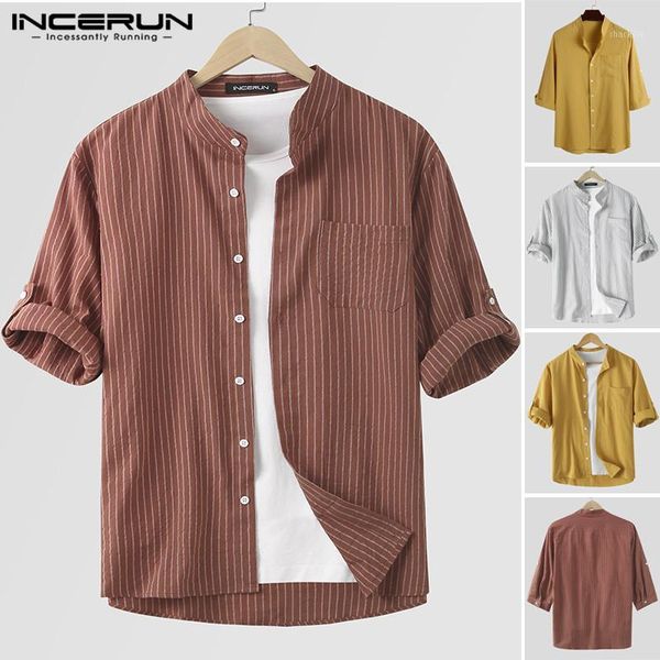 

incerun men casual striped shirt cotton 3/4 sleeve stand collar button brand shirts leisure 2020 streetwear chic camisas hombre1, White;black