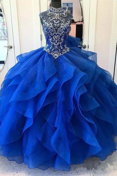 Splendido perline Surround Sheer Collo alto Corpetto basco sceso Royal Blue Crine di cavallo Quinceanera Sweet 16 Ball Gown Ragazze Regalo di compleanno