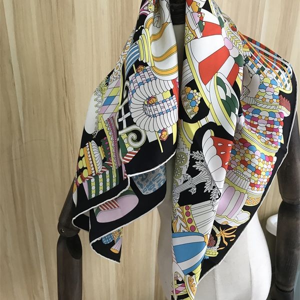 

new arrival spring classic pattern 100% pure silk scarf twill hand made roll 90*90 cm shawl wrap for women lady y201024, Blue;gray