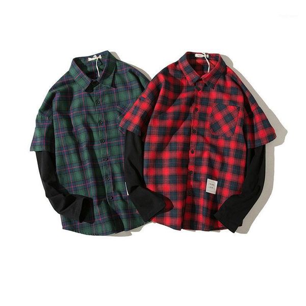 

mens fake two piece shirts hip hop plaid long sleeve shirts japanese urban style harajuku oversize pullover for male1, White;black