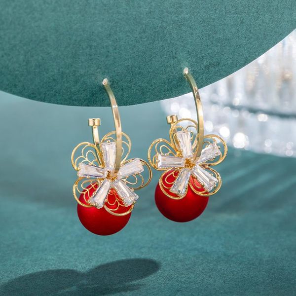 

cubic zirconia flower red imitation pearl dangle earrings for women gold korean trend simple statement fashion jewelry wedding, Silver