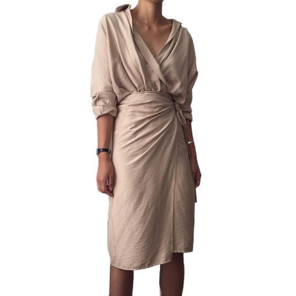 

vintage wrap shirt dress women v neck front split tie waist dress 2020 spring summer casual female dresses elegant vestidos robe, Black;gray