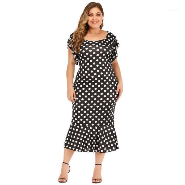 

plus size dot dress women summer o nek short sleeve ruffles dress black ladies slim bodycon mermaid office dresses1, Black;gray