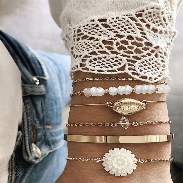 

maa-or new vintage gold crystal stone beads flower shell fashion bracelets for women boho multiple layers bracelet set jewelry, Black