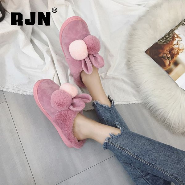 

rjn lovely wool slipper stylish mixed color rabbit ear decoration indoor shoes women slipper for winter ro63 y200706, Black