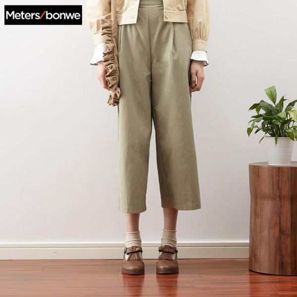 

women's pants & capris metersbonwe wide leg female ankle length woman loose stretch waist office lady with sashes1, Black;white