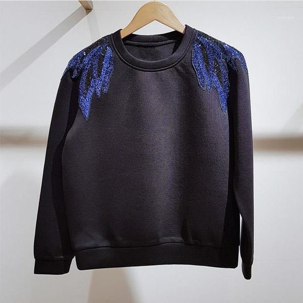 

france style elegant women sequins embroidery sweatshirts 2018 autumn winter hoodies d8881, Black