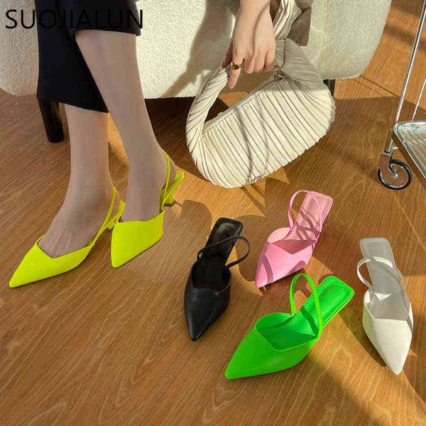 Sapatos de vestido Suojialun Spring Slingback Sandálias Bombas de salto baixo Senhoras elegante gatinho mules apontado toe deslizamento em 220303