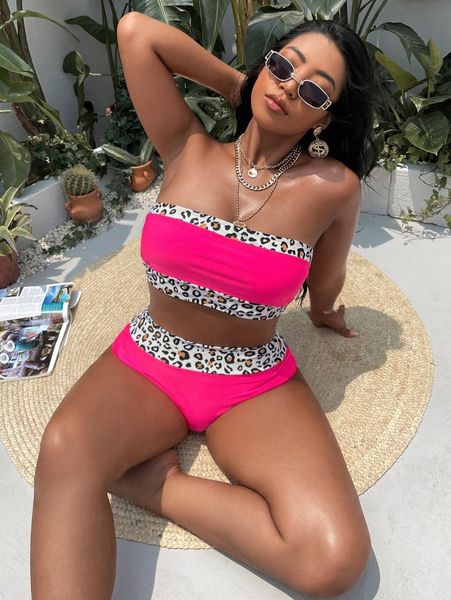 

plus leopard trim bandeau bikini swimsuit q4z9#, Black