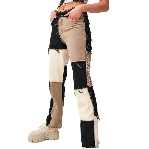 

women color block autumn high waist pockets patchwork straight trousers personalized streetwear a line vintage pencil trousers, Black;white