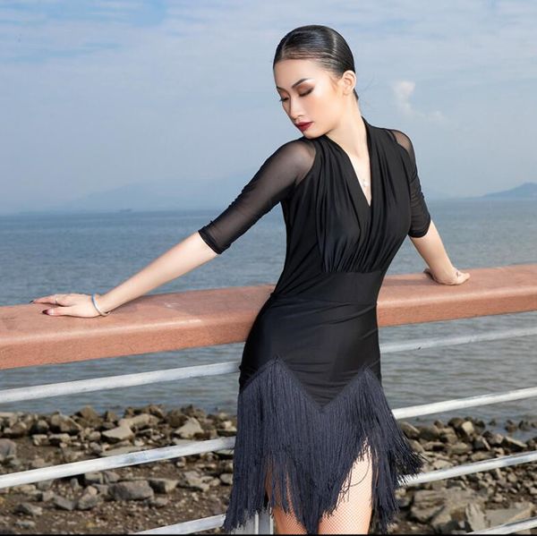 

professional women latin dance dress tassel rumba skirt one piece stage costume mesh sleeve v neck team dance outfit 2xl, Black;red