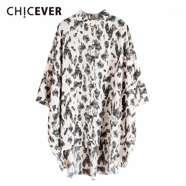 

chicever leopard print women's shirt stand collar batwing half sleeve asymmetric hit color summer blouse female vintage 20201, White