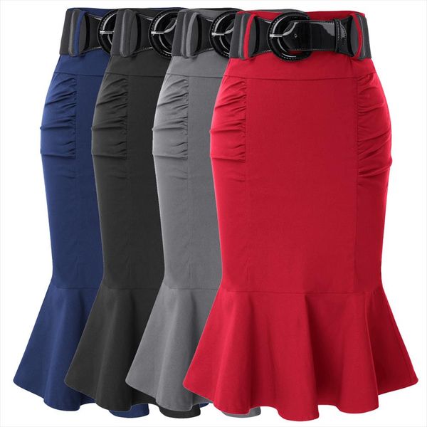 

women skirts summer belt decorated mermaid skirts elegant vintage hips wrapped bodycon pencil fit business skirt new, Black