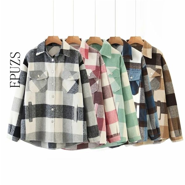 

vintage green lattice shirt womens loose plaid coat winter plus size jackets casual women jacket y201012, Black;brown