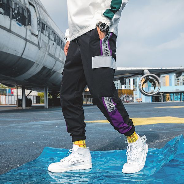 

cargo pants men polyester comfortable drawstring joggers trousers black white many pockets ankle banded male casual pants lj201007