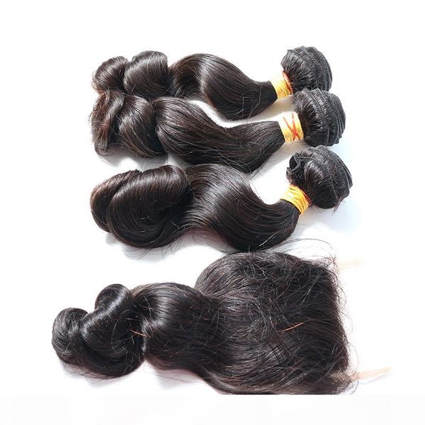 

loose wave virgin human hair bundles 3 pieces with 1 closure 10a quality remy hair for lady natural looking, Black;brown