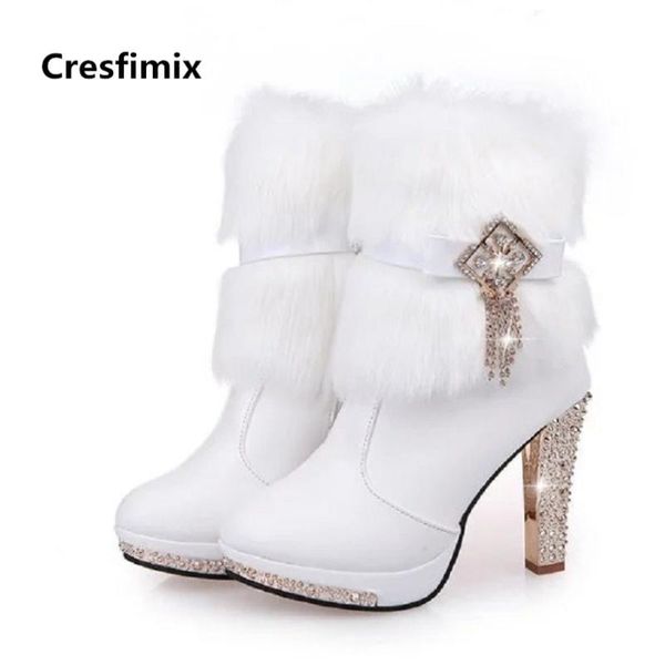

boots cresfimix women cute autumn & winter comfortable lady white pu leather fur heel shoes c2848, Black