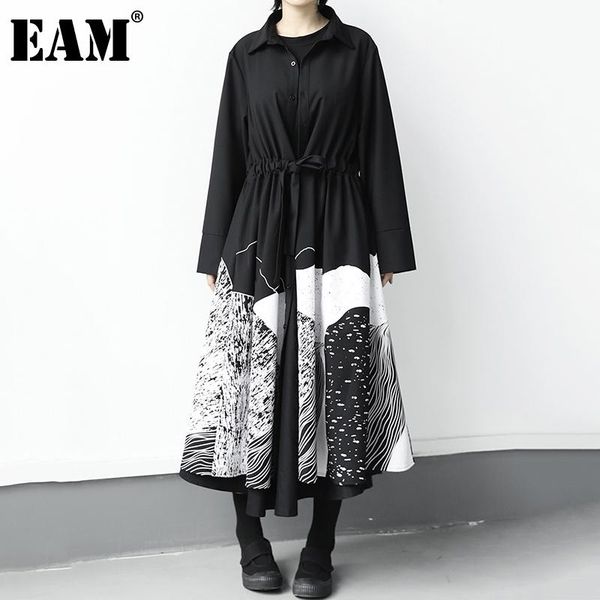 

[eam] women black pattern printed drawstring big size dress new lapel long sleeve loose fit fashion spring autumn 2020 1db244, Black;gray