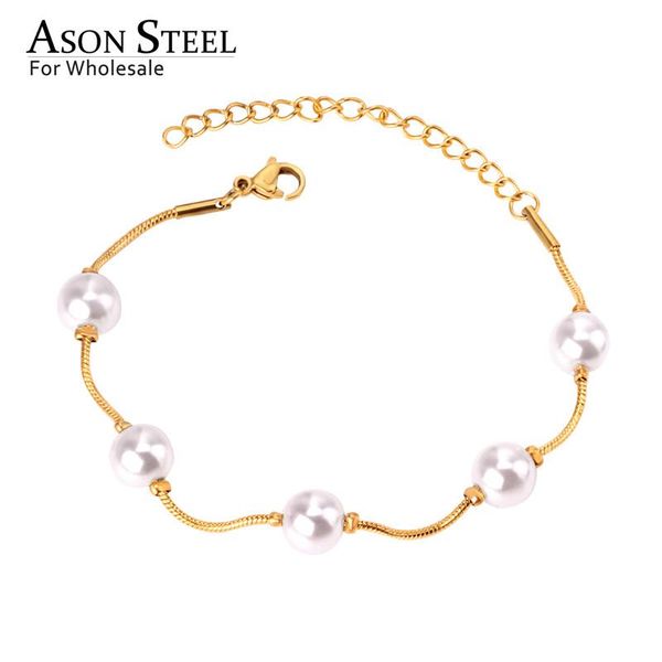 

link, chain asonsteel adjustable bracelets for women gold/silver color imitation pearl snake bangles with extender, Black