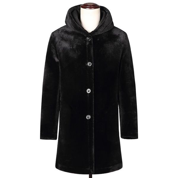 

s-6xl overcoats men's new warm mink velvet long trench coat slim hooded casual faux fur coat, Black