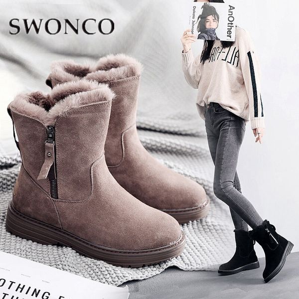 

swonco real leather women winter boots snow boots oxford ladies winter plush female casual zipper warm mid boots -30 degree y200114, Black