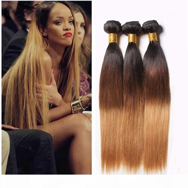 

9a peruvian ombre hair 3pcs straight 1b 4 27 honey blonde three tone human hair weave silky straight peruvian human hair bundles, Black;brown
