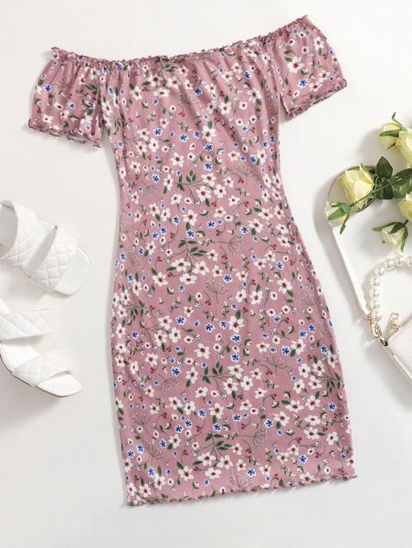 

off shoulder lettuce trim allover floral print dress s4ao#, Black;gray
