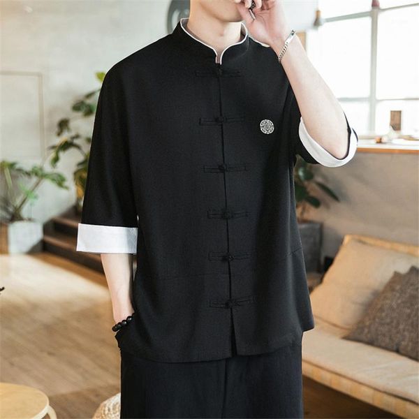 

2019 new chinese style mens tang suit linen long sleeve solid traditional china style hanfu shirt plus size -5xl1, Red