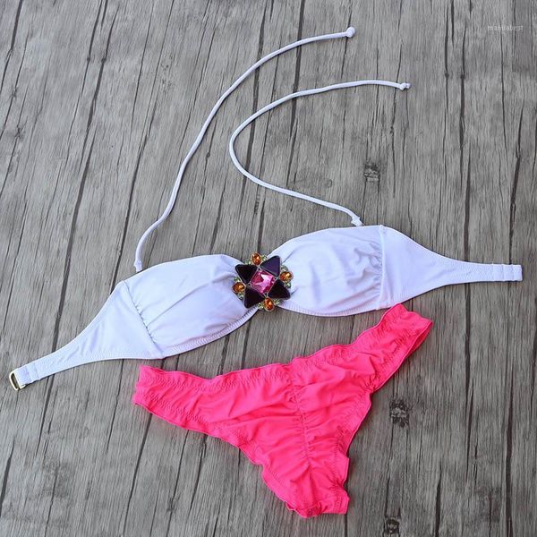 

2020 crystal diamond bikini set white girl women swimsuit biquini pink cheeky bottom brazilian bathing suit swimwear1, White;black