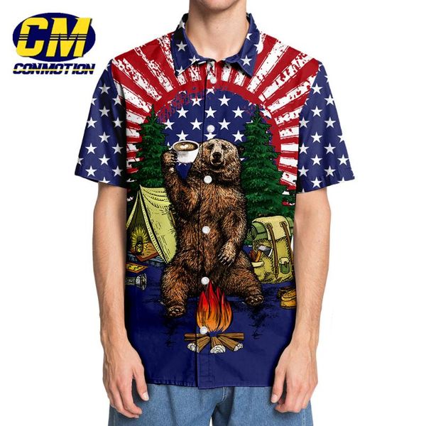 

american flag fun camping bear print fun shirt, White;black