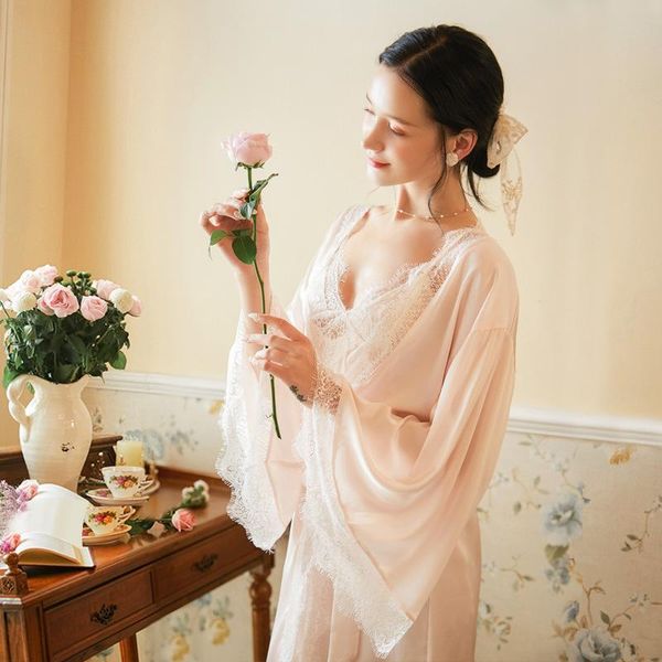 

autumn women long sleeve robe suit long sleeve bra suspender nightdress light pink bathrobe lounge set sleepwear nightwear, Black;red