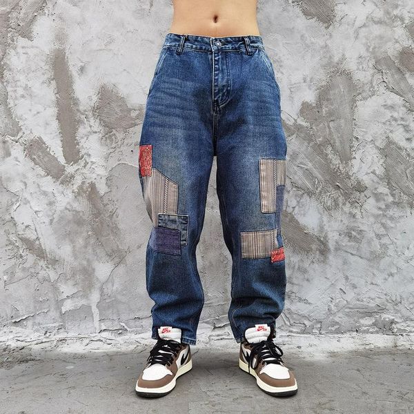 

men's jeans male loose straight wide leg trousers men streetwear hip hop patch splice casual denim pants japan harajuku, Blue