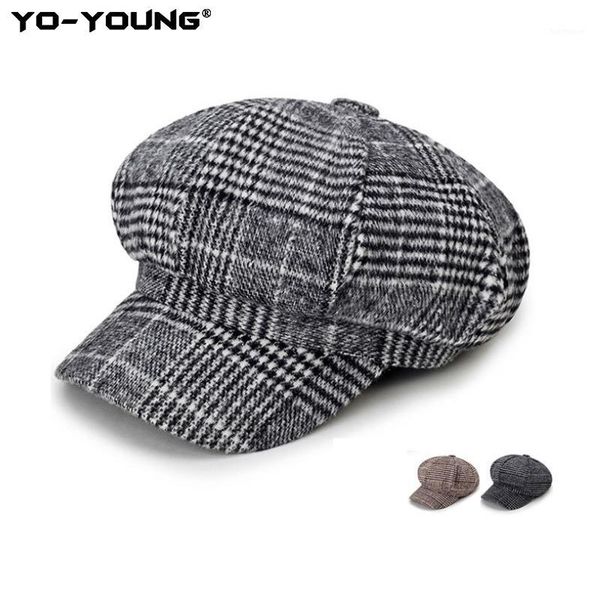 

auutmn winter hats for women simple retro octagonal hat women autumn winter casual british style berets warm plaid cap1, Blue;gray