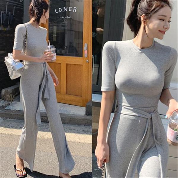 

new female grey fitness women two pieces sets summer cotton t shirt set wide legged pants casual high waist trousers suits, Gray