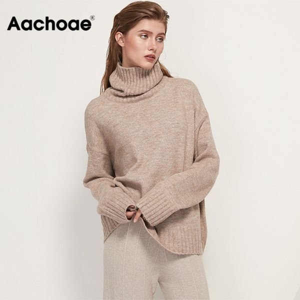 

aachoae autumn winter women knitted turtleneck cashmere sweater 2020 casual basic pullover jumper batwing long sleeve loose q1103, White;black