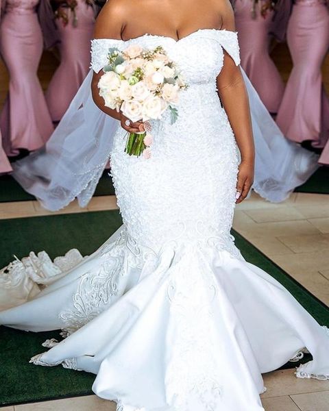 

plus size mermaid wedding gowns lace embroidery off shoulder abiti da sposa pearls covered buttons mermaid beaded wedding dresses, White