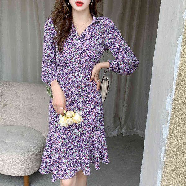

luxury dress 2022 spring autumn long sleeved medium length floral shirt cardigan dresses with thin waist and fishtail skirt, Black;gray