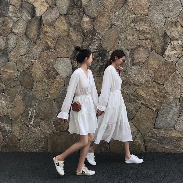 

casual dresses women white black dress elegant korean janpan kawii cute long sleeve v-neck a-line ruffle high waist loose sundress, Black;gray
