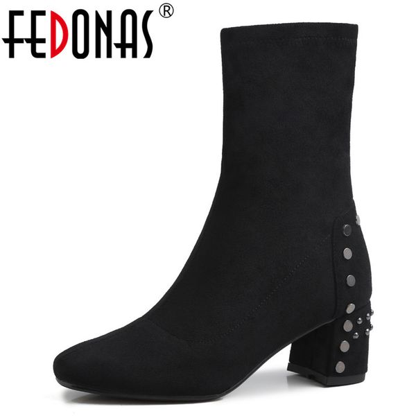 

fedonas concise short boots women flock autumn winter basic party shoes woman fashion square toe metal decoration short boots 1026, Black