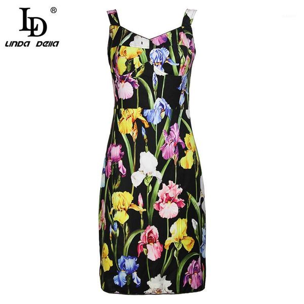 

ld linda della 2018 fashion runway summer dress women's sleeveless v-neck black vintage floral print elegant sheath mini dress1, Black;gray